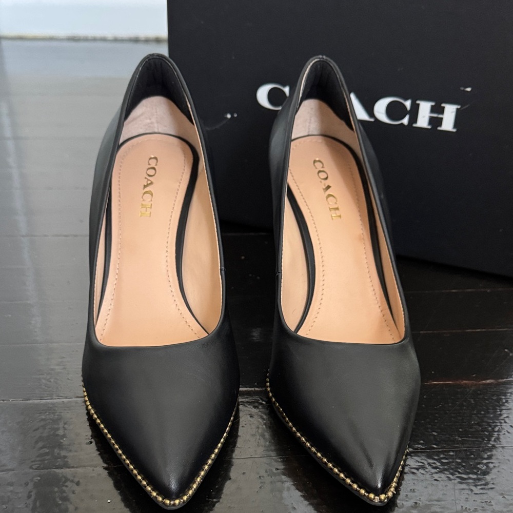 Coach Black Leather Heels with Gold Accents